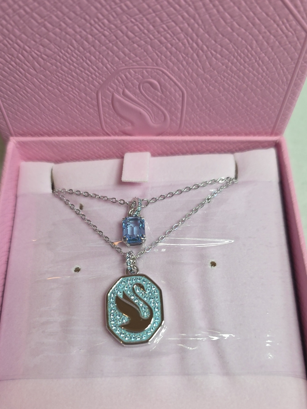 Swarovski Blue Gem Crystal and Swan Pendant Necklace